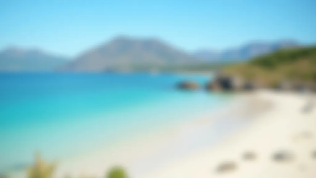 Turquoise water meeting white sandy beach with mountain peaks visible in the distance under clear sky