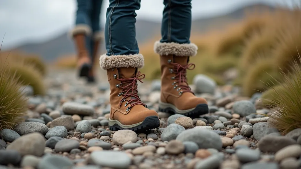 Hiking boots displayed with wool hiking socks and gaiters on a hiking trail background