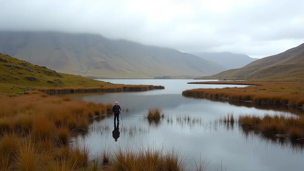 Lake with reeds along the shore, grassy banks, mountain slopes in the distance, overcast sky