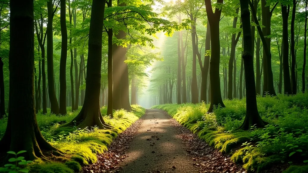Dense forest with tall trees, filtered sunlight creating shadows on the woodland floor, walking path visible