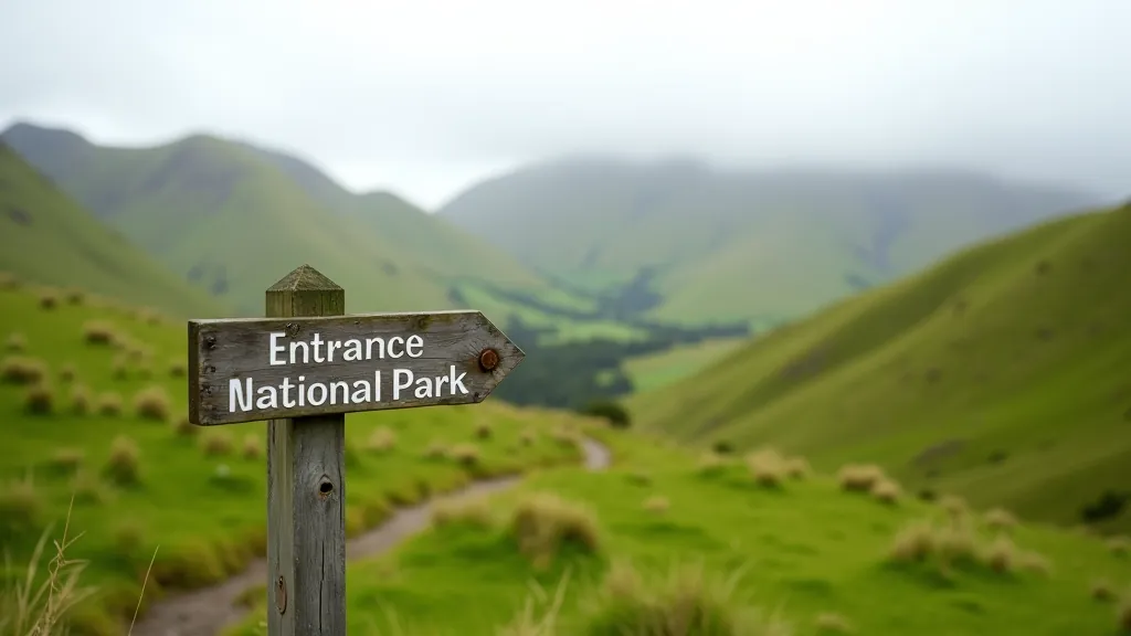 Connemara National Park entrance sign with rolling green hills and mountain views in the background