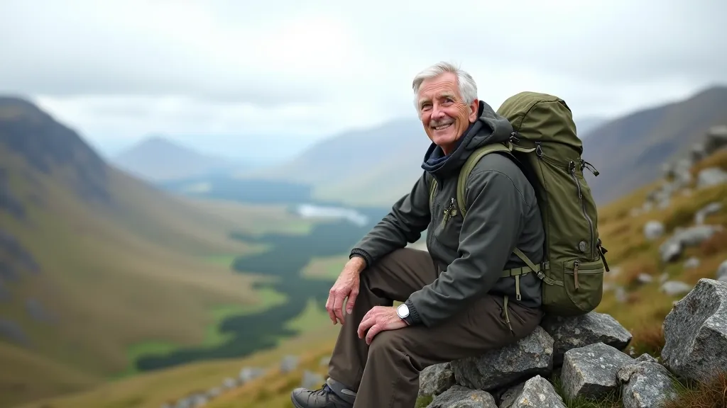 Hiker sitting on a rocky outcrop overlooking a valley, breathing deeply with relaxed posture