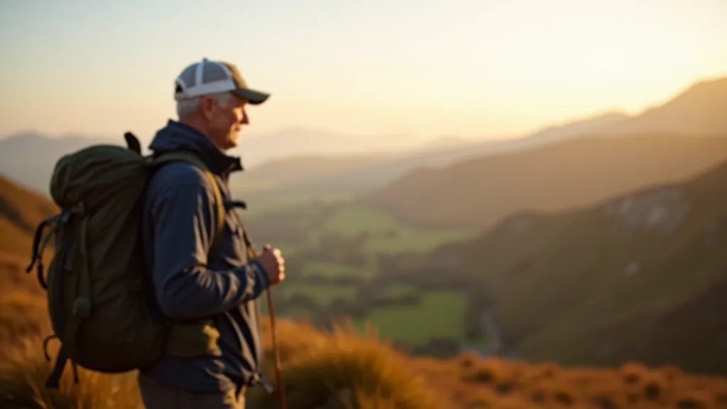 A senior hiker standing at a mountain summit, gazing out over beautiful Connemara valley landscape below