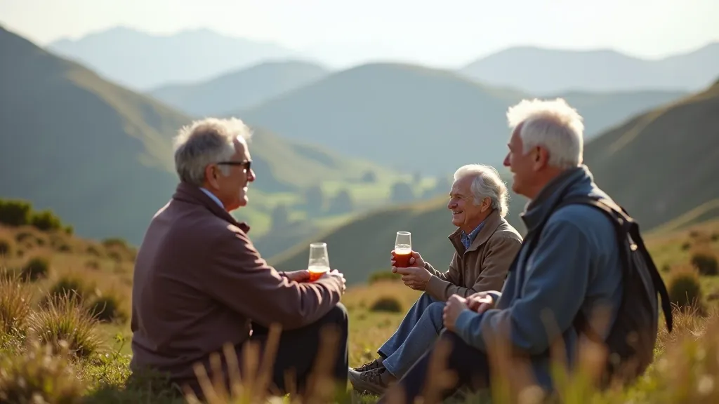 Senior hikers relaxing together at a scenic mountain overlook, enjoying snacks and the view