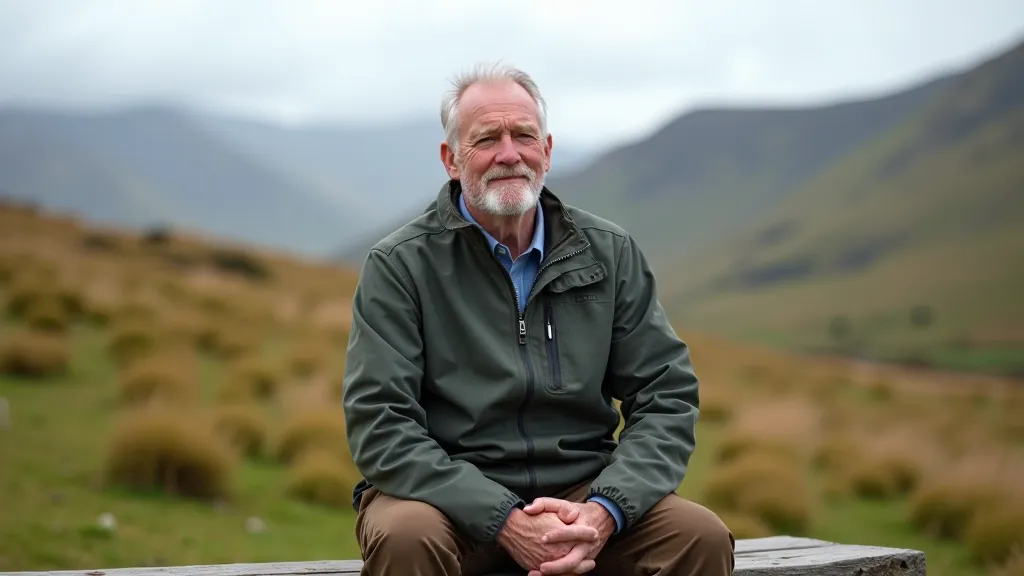 Senior man resting on a trail bench with mountains in the background