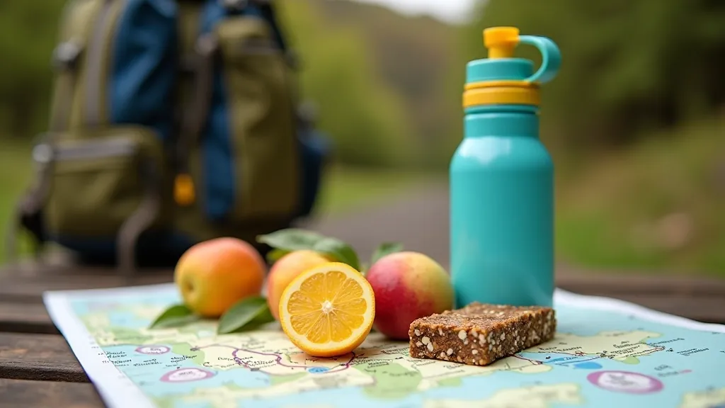 Reusable water bottle and energy snacks arranged on a hiking trail map and backpack